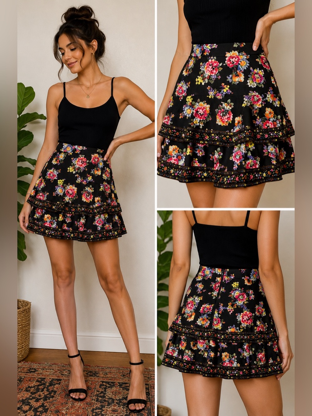 Alice + Olivia Michaela Floral Ruffle Mini Skirt Black Multi Size 10 NWT